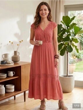 Luxology V-Neck Lace Trim Maxi Dress in Dusty Coral